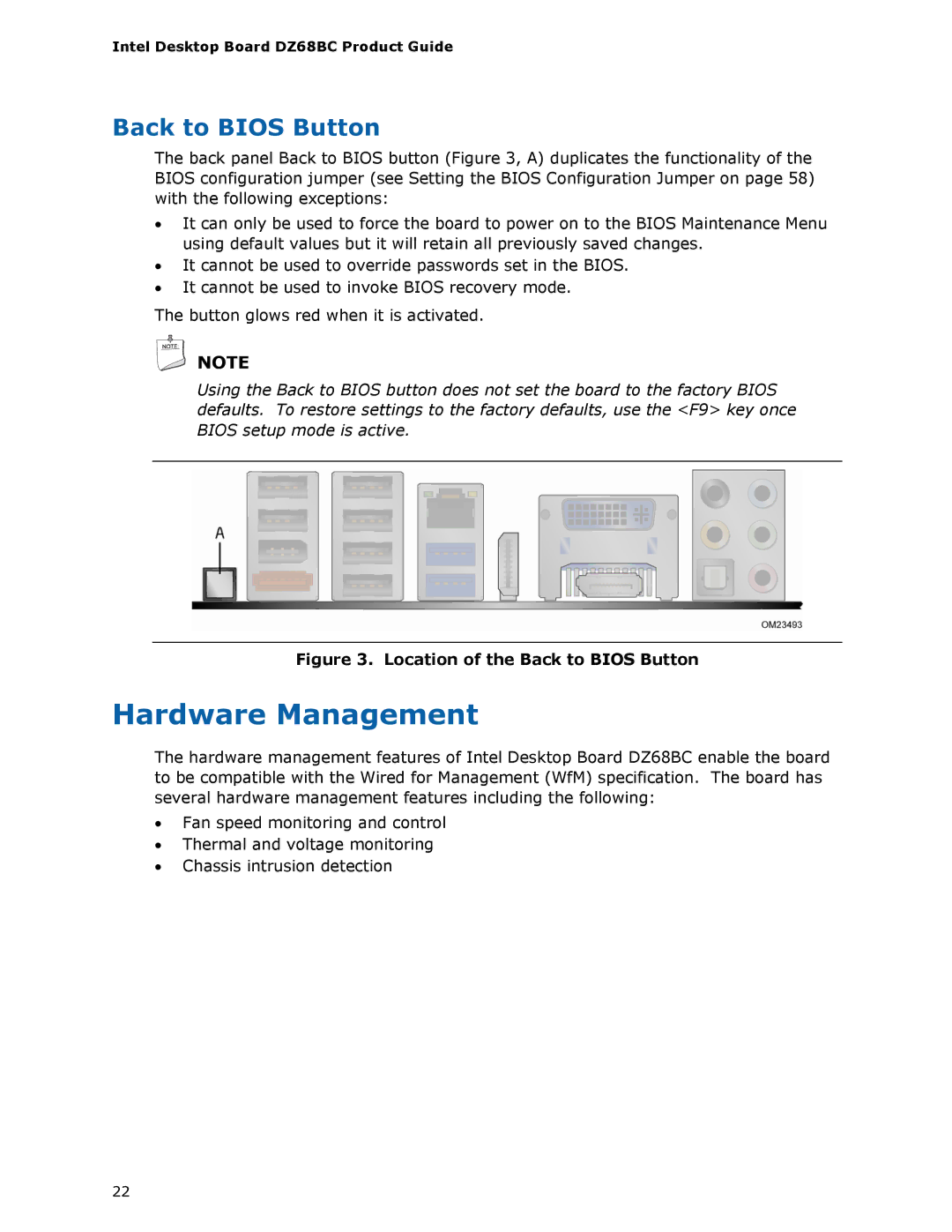 Intel BLKDZ68BC manual Hardware Management, Back to Bios Button 