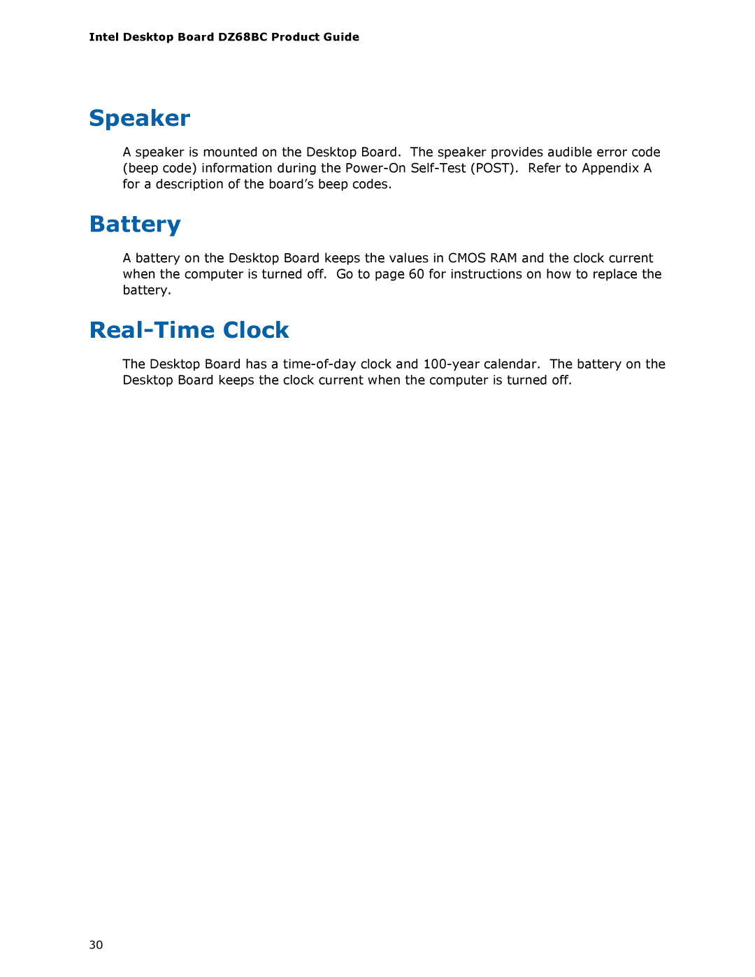 Intel BLKDZ68BC manual Speaker, Battery, Real-Time Clock 