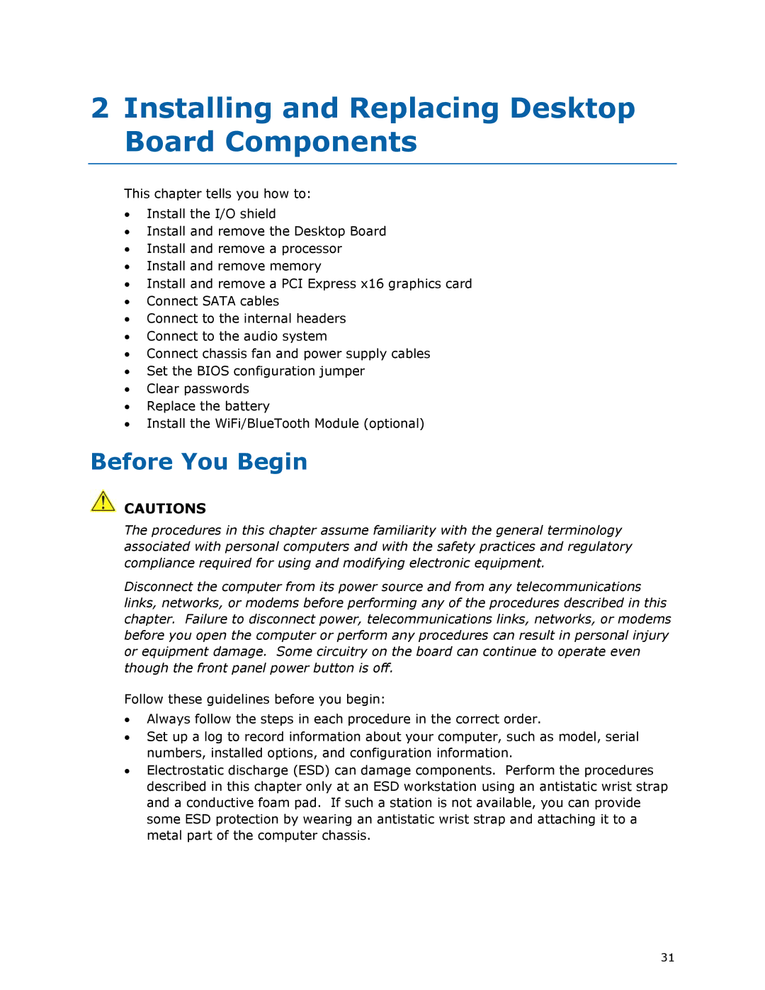 Intel BLKDZ68BC manual Installing and Replacing Desktop Board Components, Before You Begin 