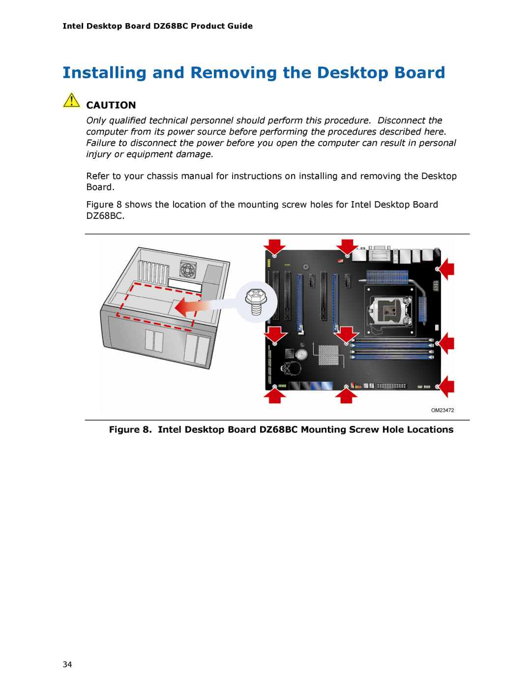 Intel BLKDZ68BC manual Installing and Removing the Desktop Board, Intel Desktop Board DZ68BC Mounting Screw Hole Locations 