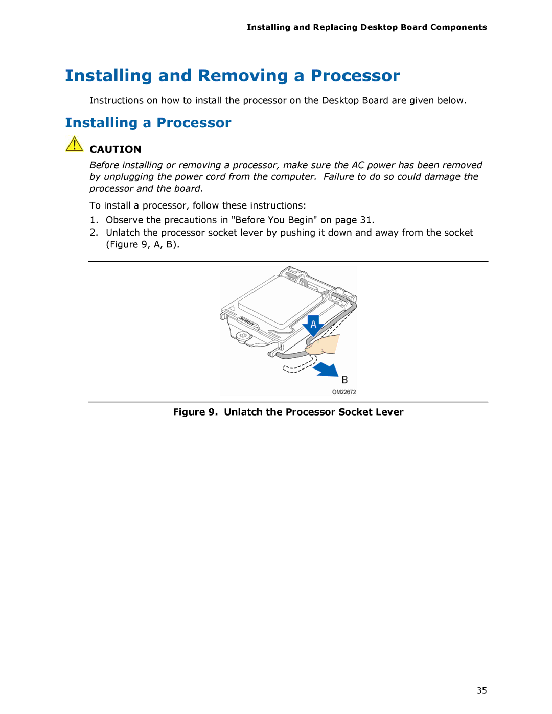 Intel BLKDZ68BC manual Installing and Removing a Processor, Installing a Processor 