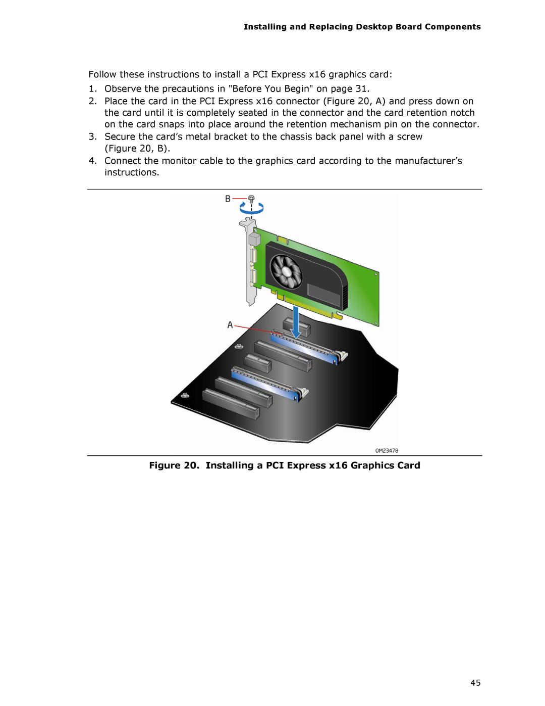 Intel BLKDZ68BC manual Installing a PCI Express x16 Graphics Card 