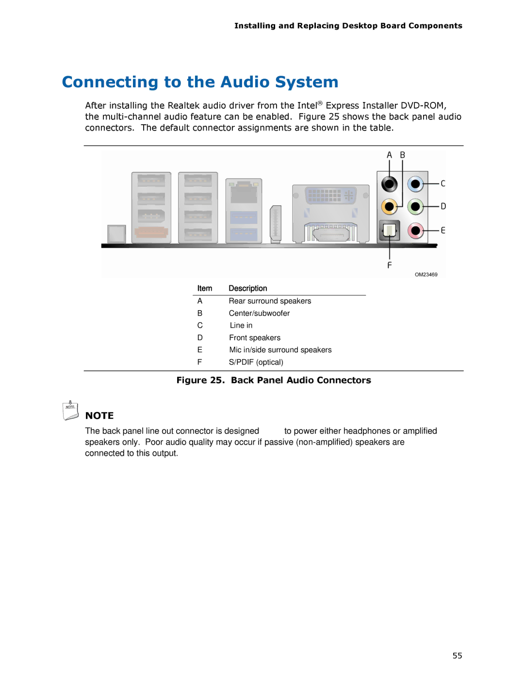 Intel BLKDZ68BC manual Connecting to the Audio System, Back Panel Audio Connectors 