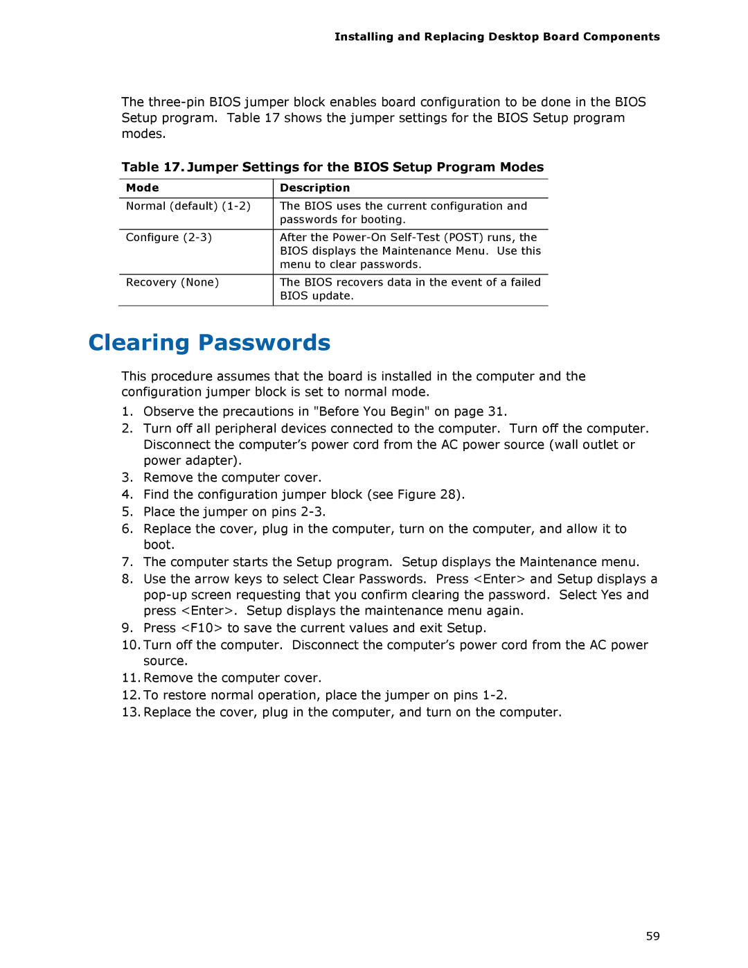 Intel BLKDZ68BC manual Clearing Passwords, Jumper Settings for the Bios Setup Program Modes, Mode Description 