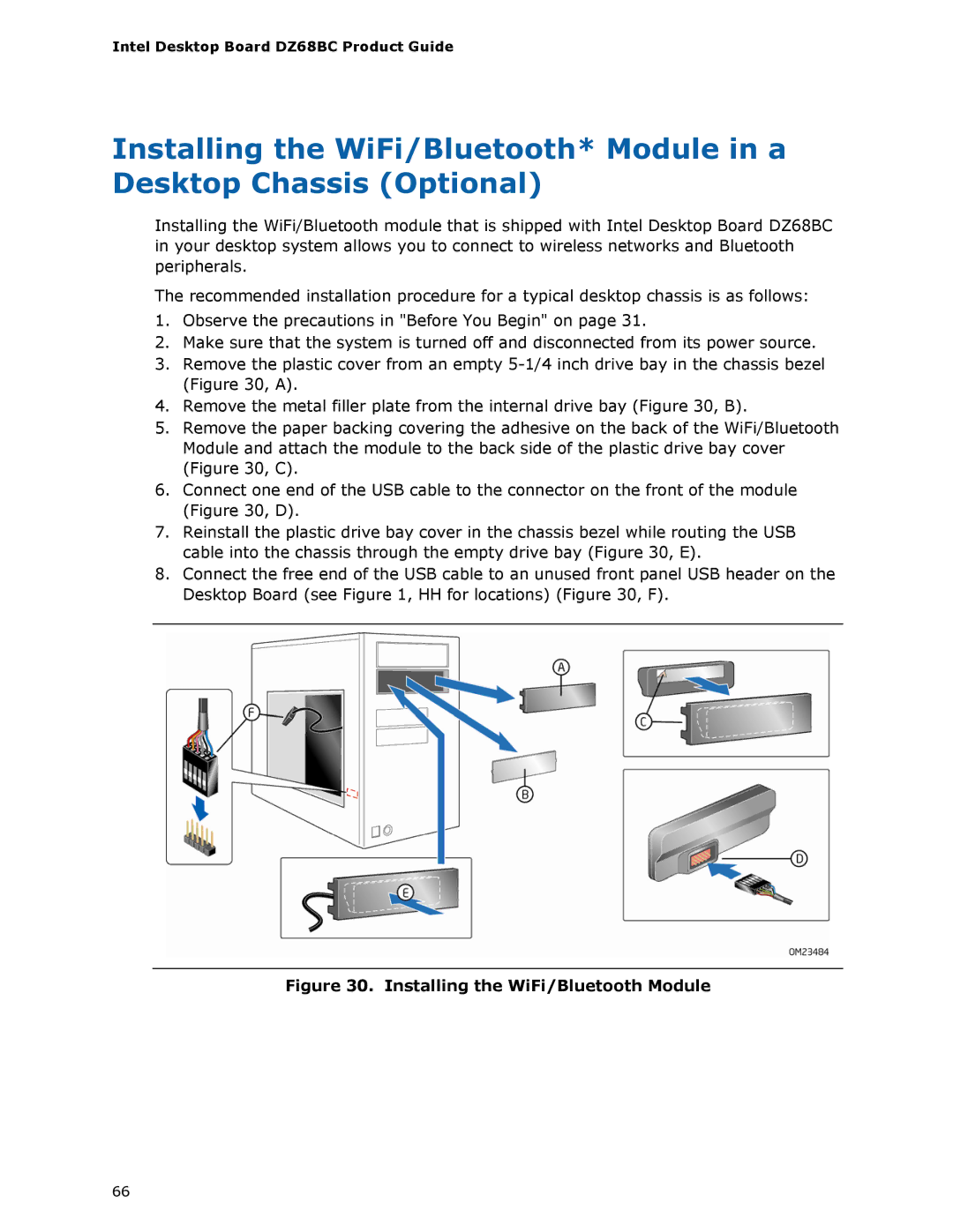 Intel BLKDZ68BC manual Installing the WiFi/Bluetooth Module 