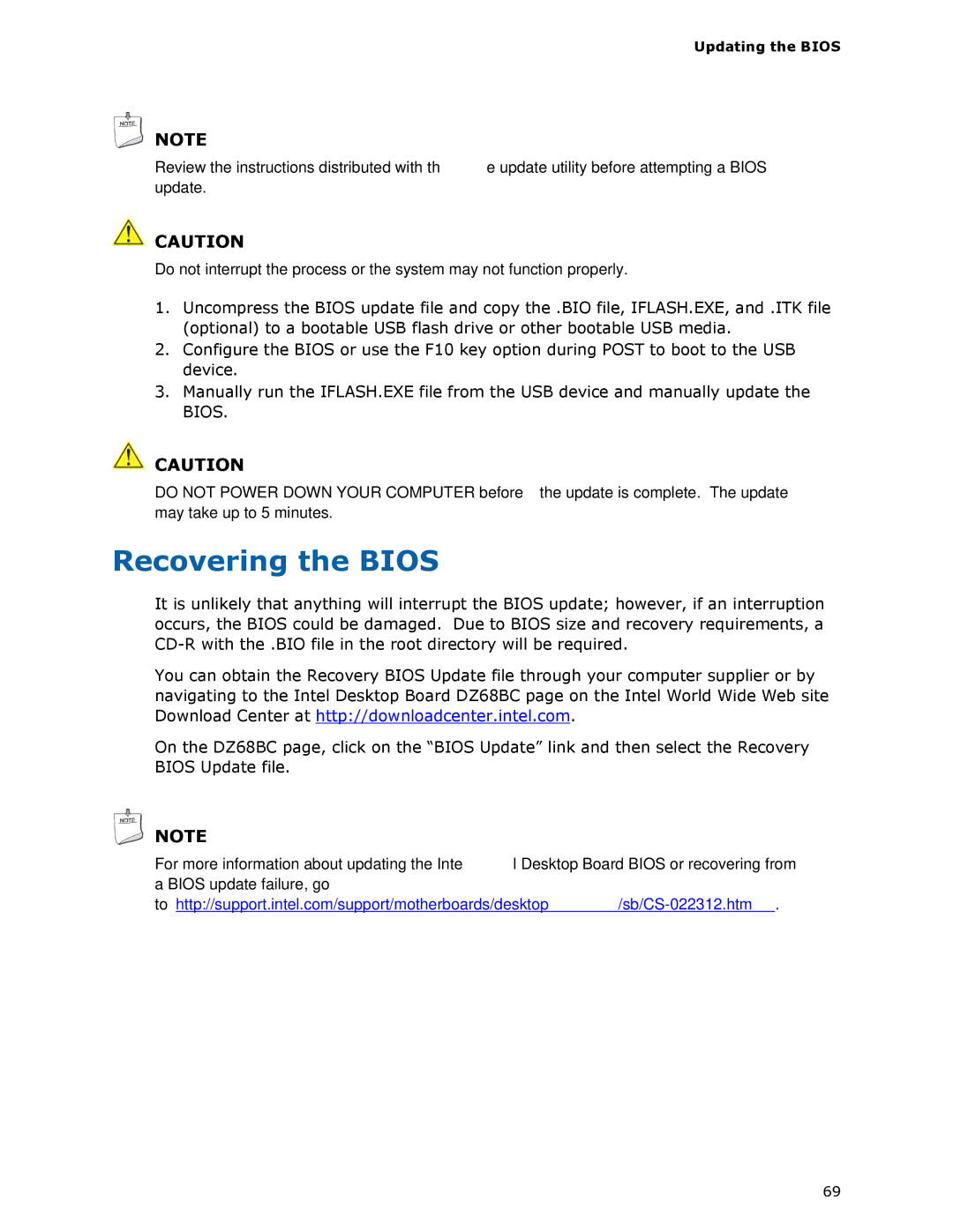 Intel BLKDZ68BC manual Recovering the Bios, Updating the Bios 