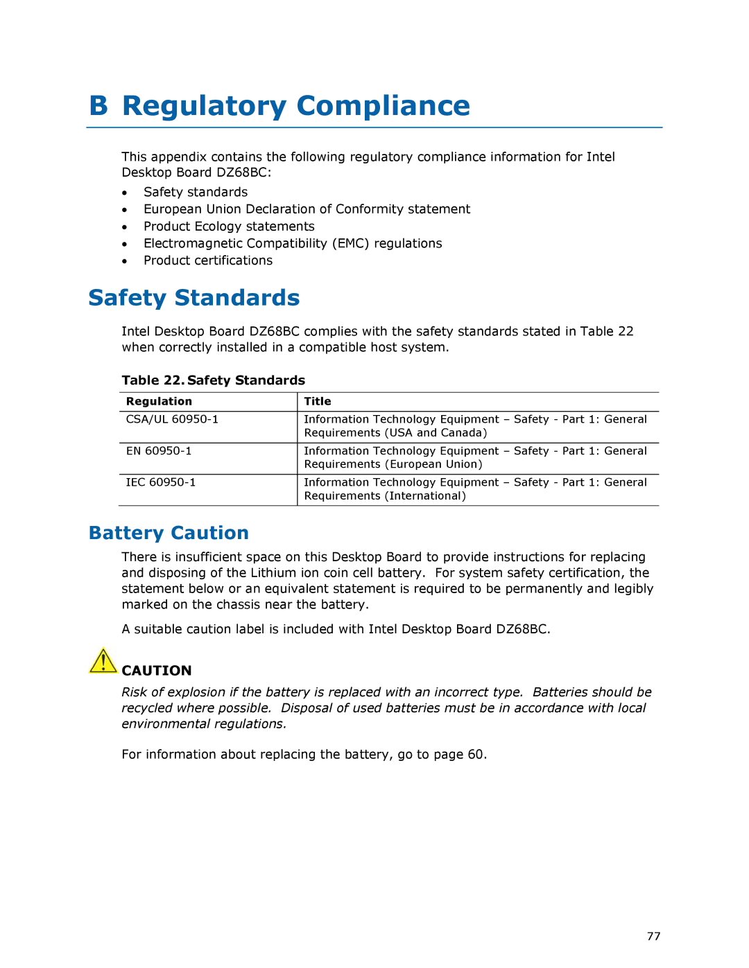 Intel BLKDZ68BC manual Safety Standards, Battery Caution, Regulation Title 