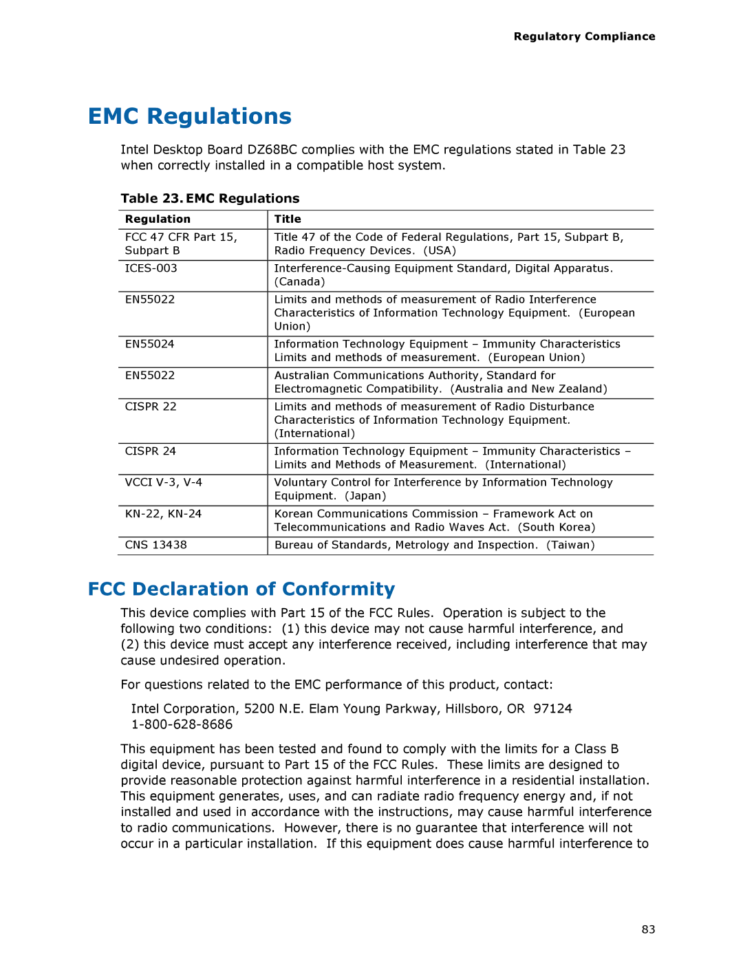 Intel BLKDZ68BC manual EMC Regulations, FCC Declaration of Conformity 