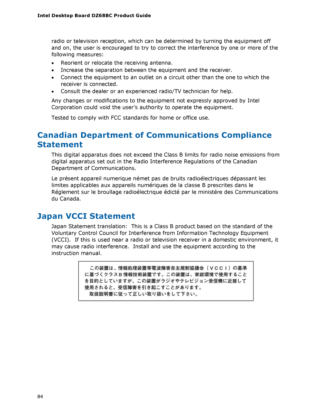 Intel BLKDZ68BC manual Canadian Department of Communications Compliance Statement, Japan Vcci Statement 