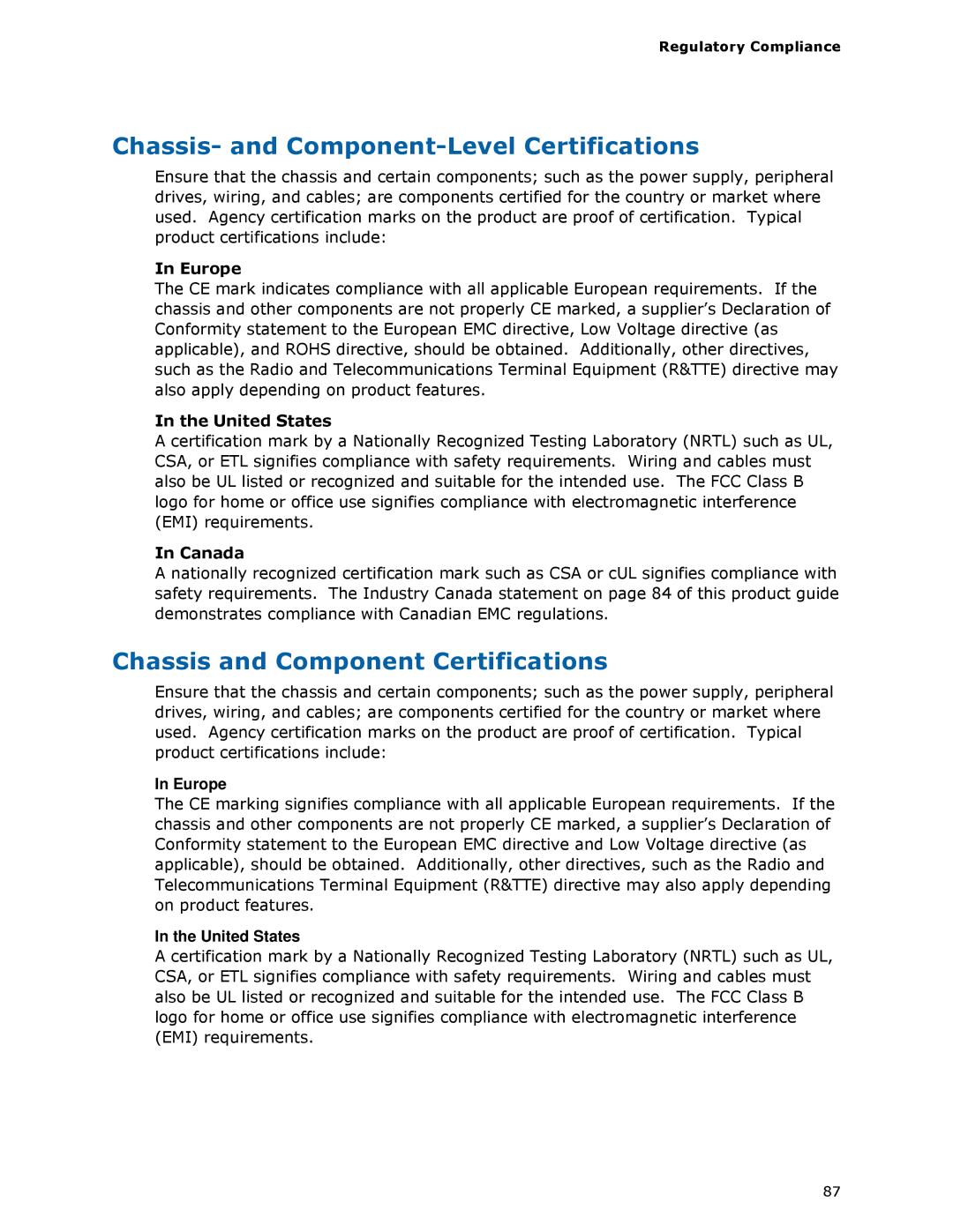 Intel BLKDZ68BC Chassis- and Component-Level Certifications, Chassis and Component Certifications, Europe, United States 