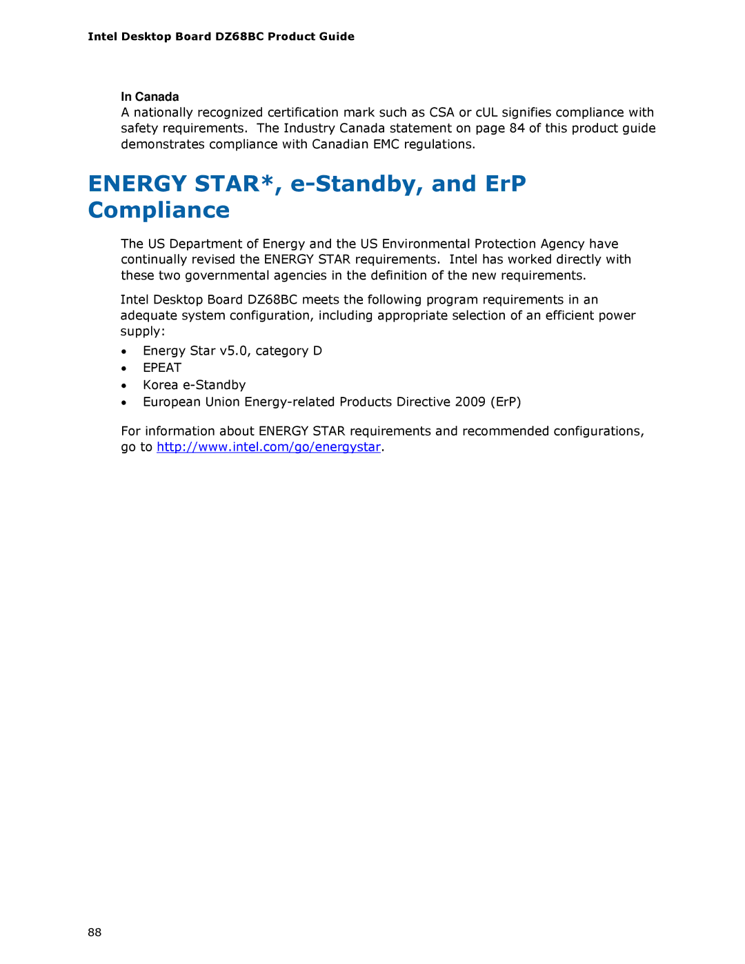 Intel BLKDZ68BC manual Energy STAR*, e-Standby, and ErP Compliance, Canada 