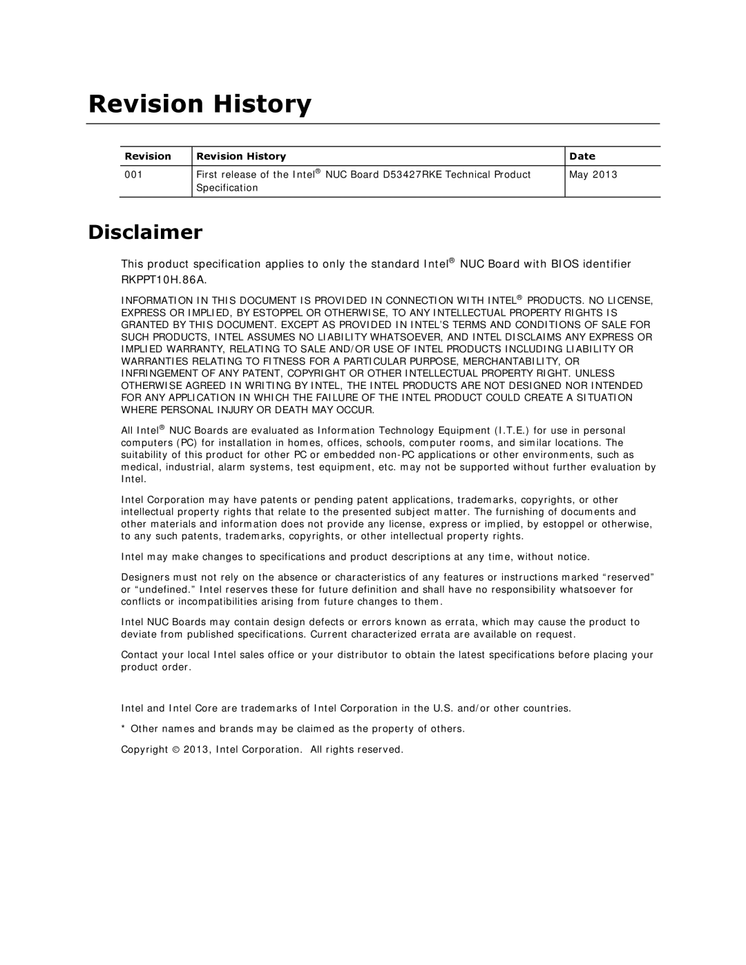 Intel BOXDC53427HYE specifications Revision History, Disclaimer 