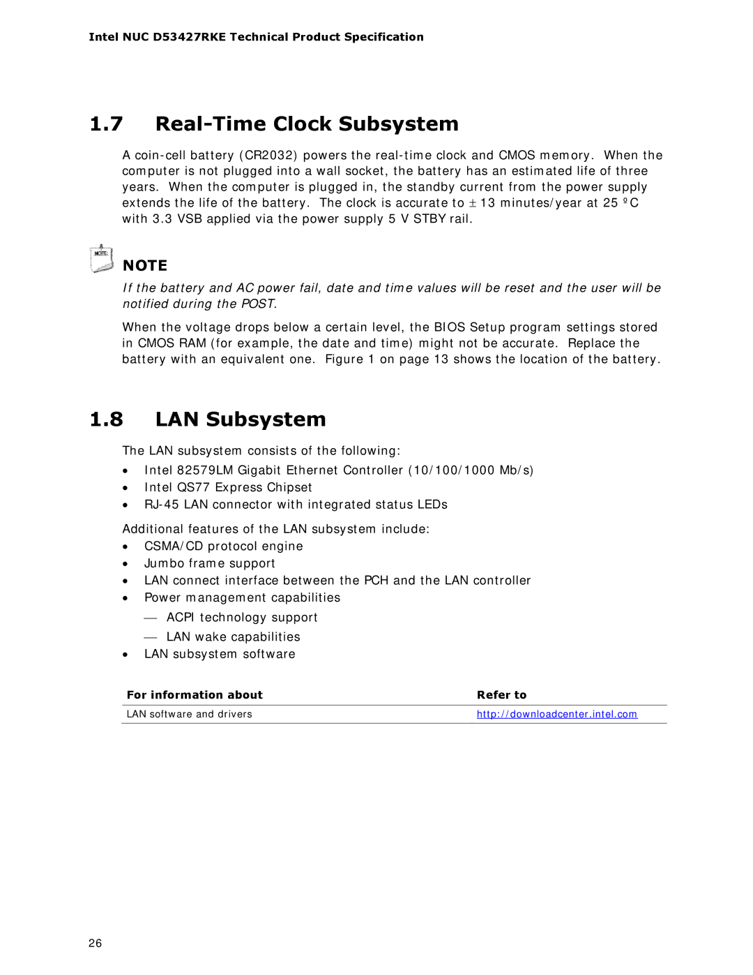 Intel BOXDC53427HYE specifications Real-Time Clock Subsystem, LAN Subsystem 