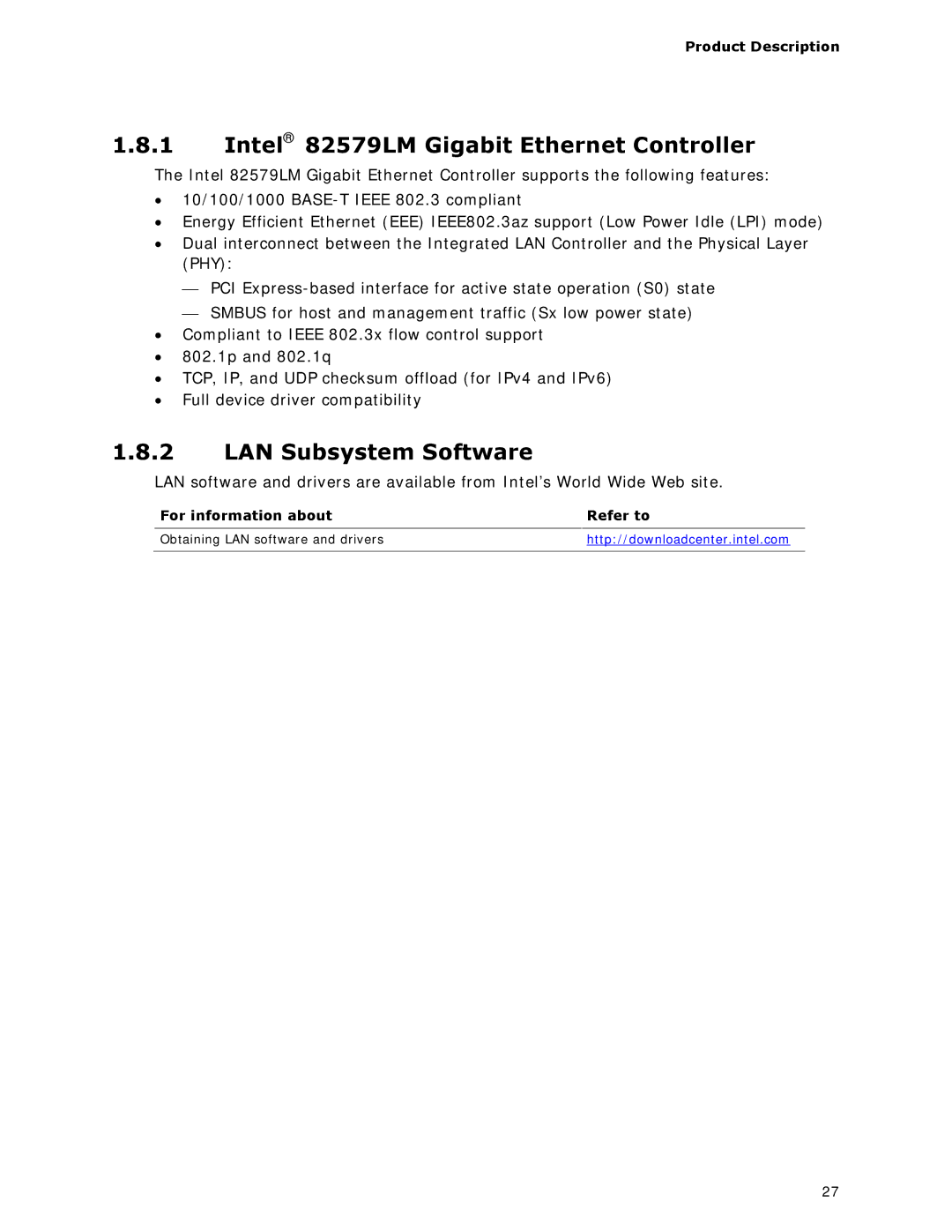 Intel BOXDC53427HYE specifications Intel 82579LM Gigabit Ethernet Controller, LAN Subsystem Software 