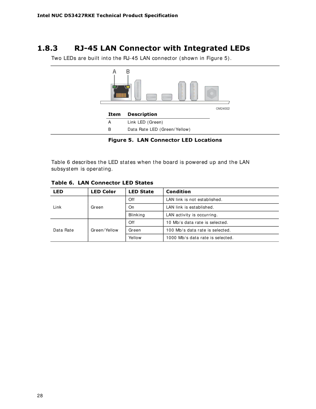 Intel BOXDC53427HYE specifications 3 RJ-45 LAN Connector with Integrated LEDs, LAN Connector LED States, Item Description 