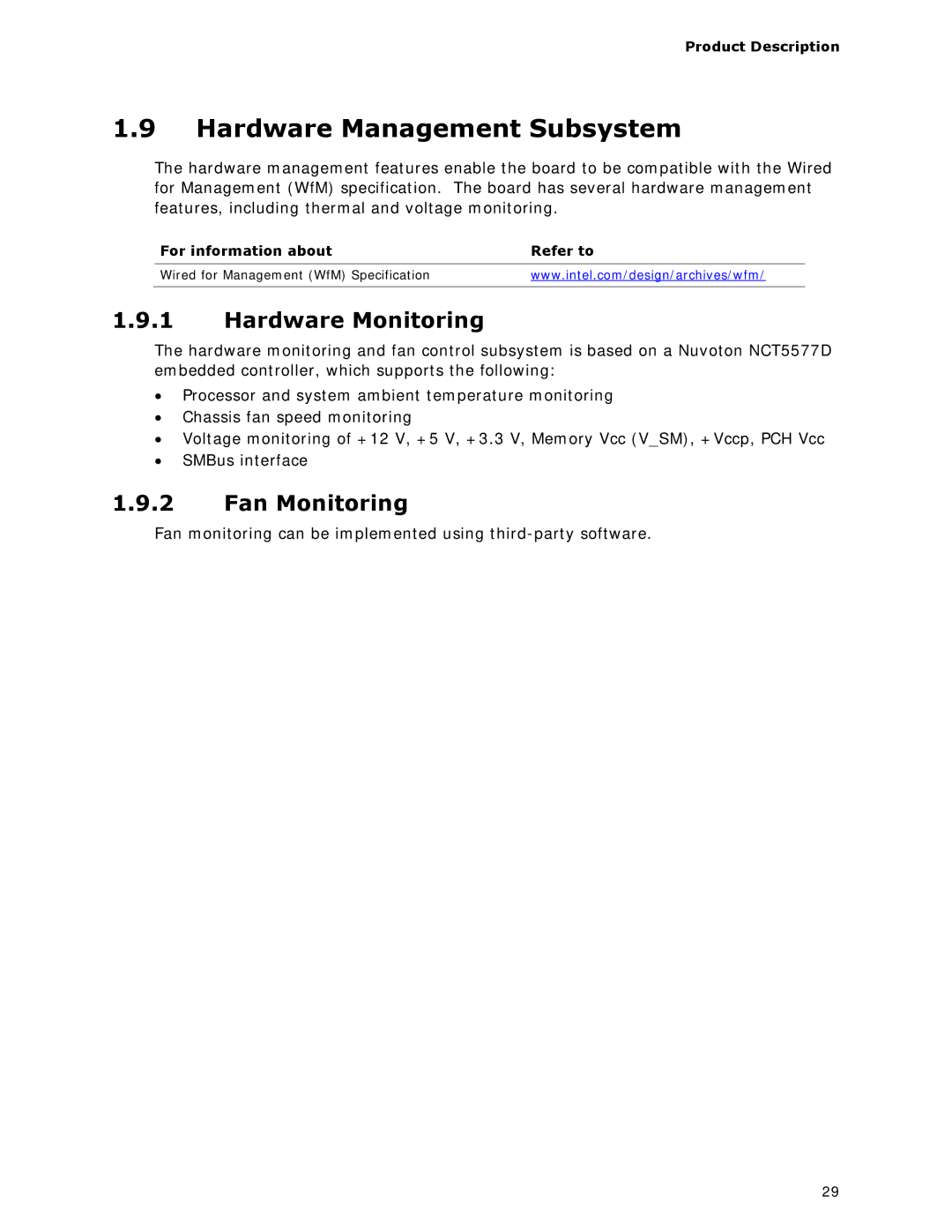 Intel BOXDC53427HYE specifications Hardware Management Subsystem, Hardware Monitoring, Fan Monitoring 