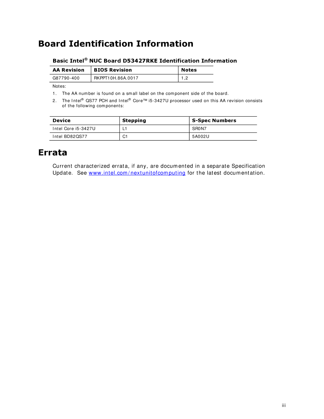 Intel BOXDC53427HYE Board Identification Information, Errata, Basic Intel NUC Board D53427RKE Identification Information 