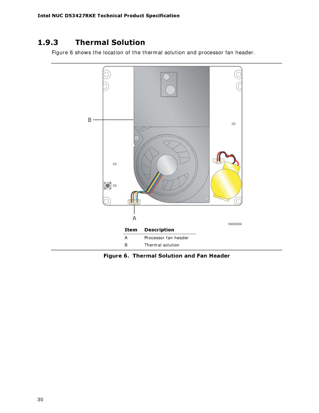 Intel BOXDC53427HYE specifications Thermal Solution and Fan Header 