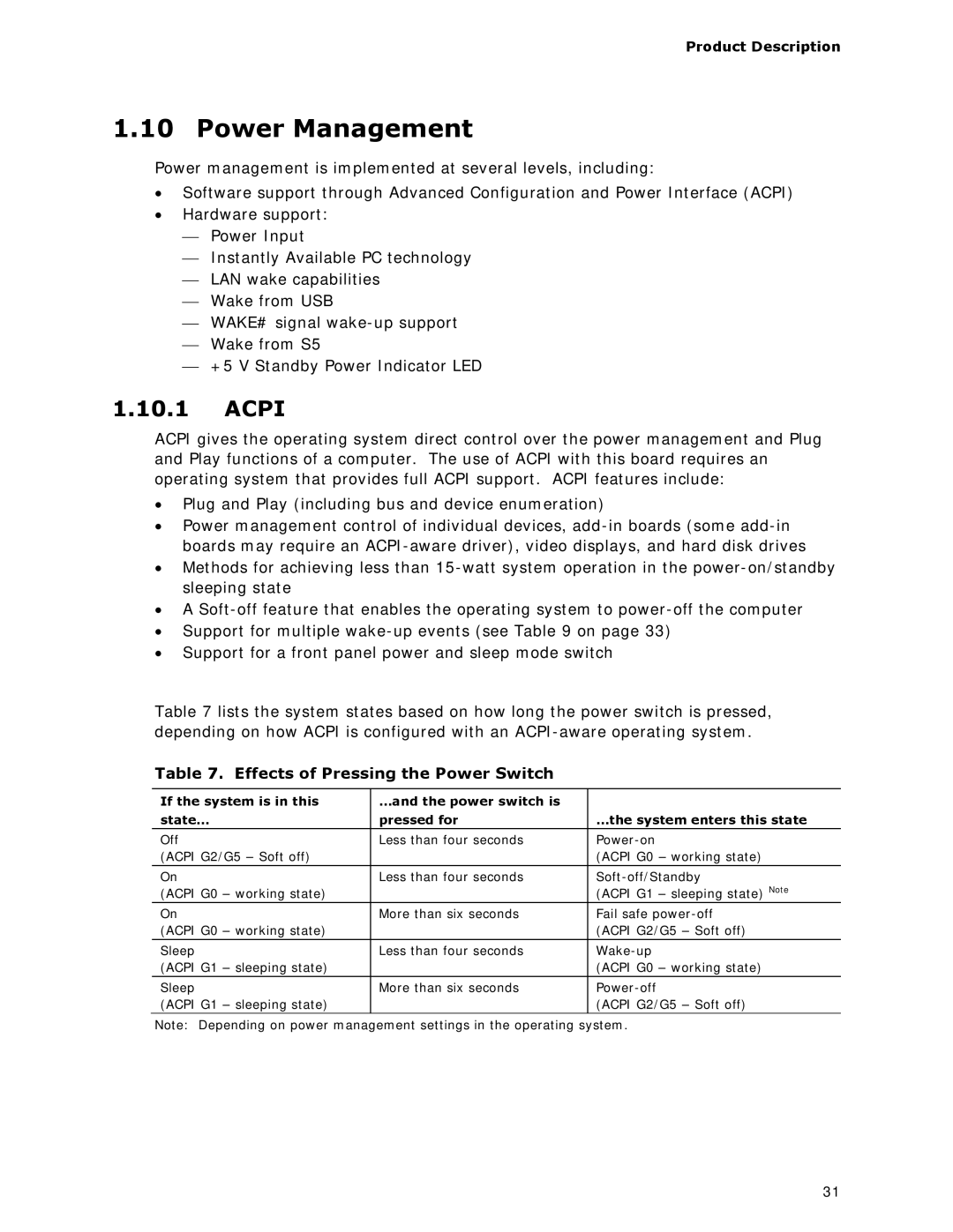 Intel BOXDC53427HYE specifications Power Management, Acpi, Effects of Pressing the Power Switch 