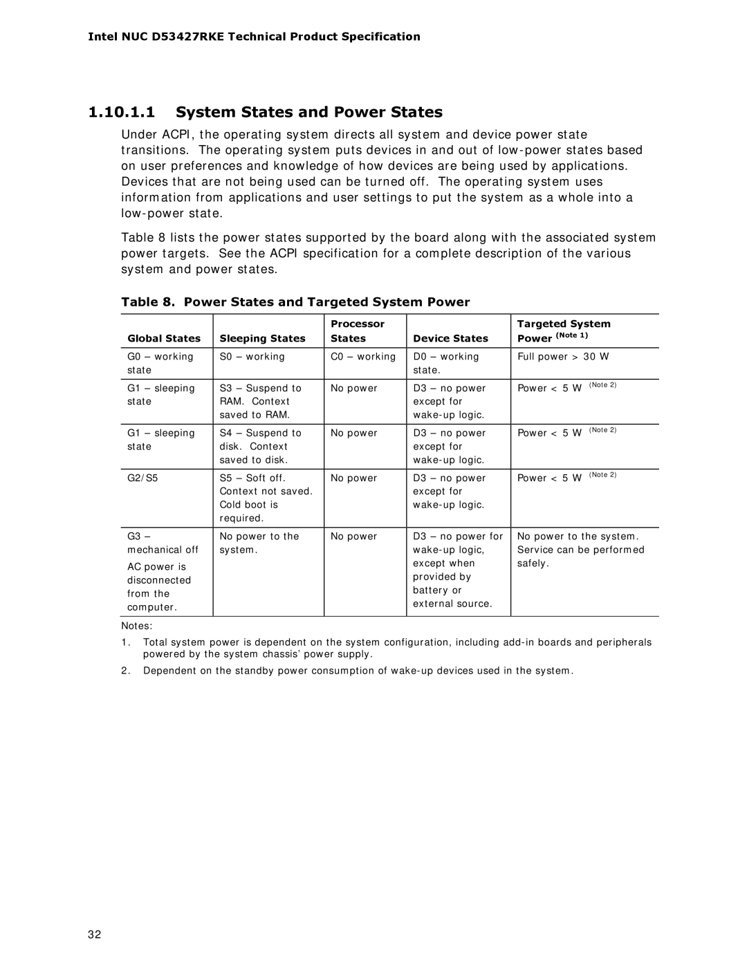 Intel BOXDC53427HYE specifications System States and Power States, Power States and Targeted System Power 