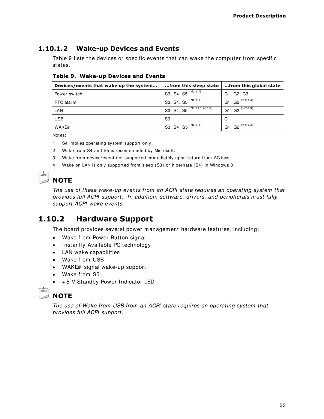 Intel BOXDC53427HYE specifications Hardware Support, Wake-up Devices and Events 