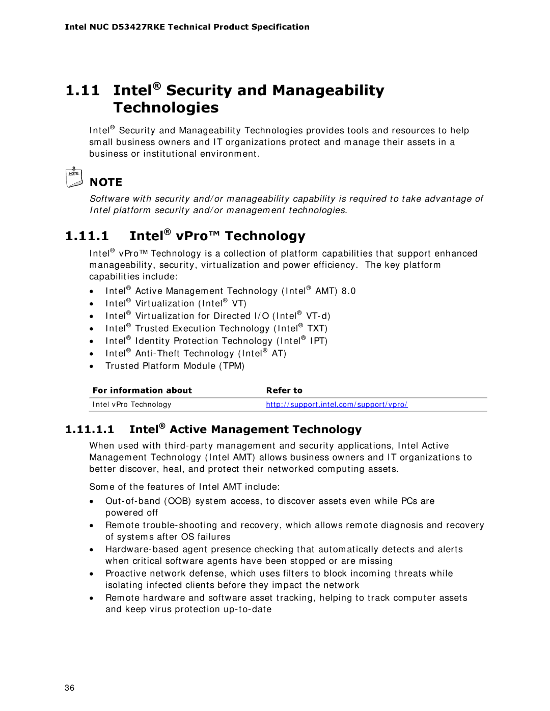 Intel BOXDC53427HYE specifications Intel Security and Manageability Technologies, Intel vPro Technology 