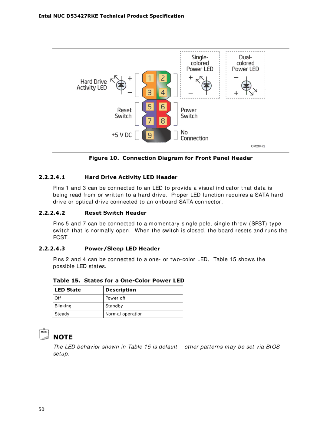 Intel BOXDC53427HYE Reset Switch Header, Power/Sleep LED Header, States for a One-Color Power LED, LED State Description 