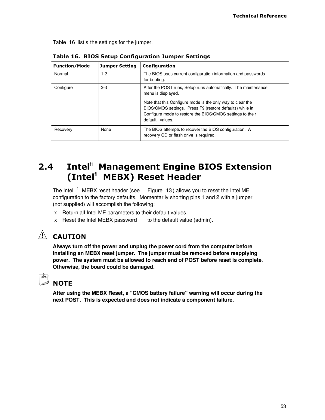 Intel BOXDC53427HYE specifications Bios Setup Configuration Jumper Settings, Function/Mode Jumper Setting Configuration 