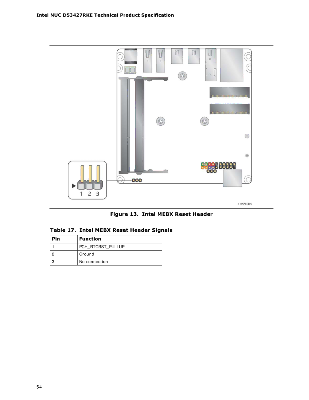 Intel BOXDC53427HYE specifications Intel Mebx Reset Header Intel Mebx Reset Header Signals, Pin Function 