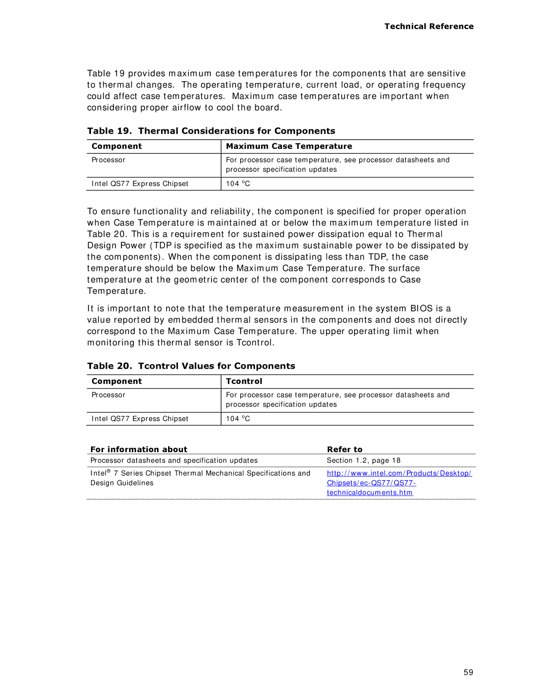 Intel BOXDC53427HYE Thermal Considerations for Components, Tcontrol Values for Components, Component Tcontrol 