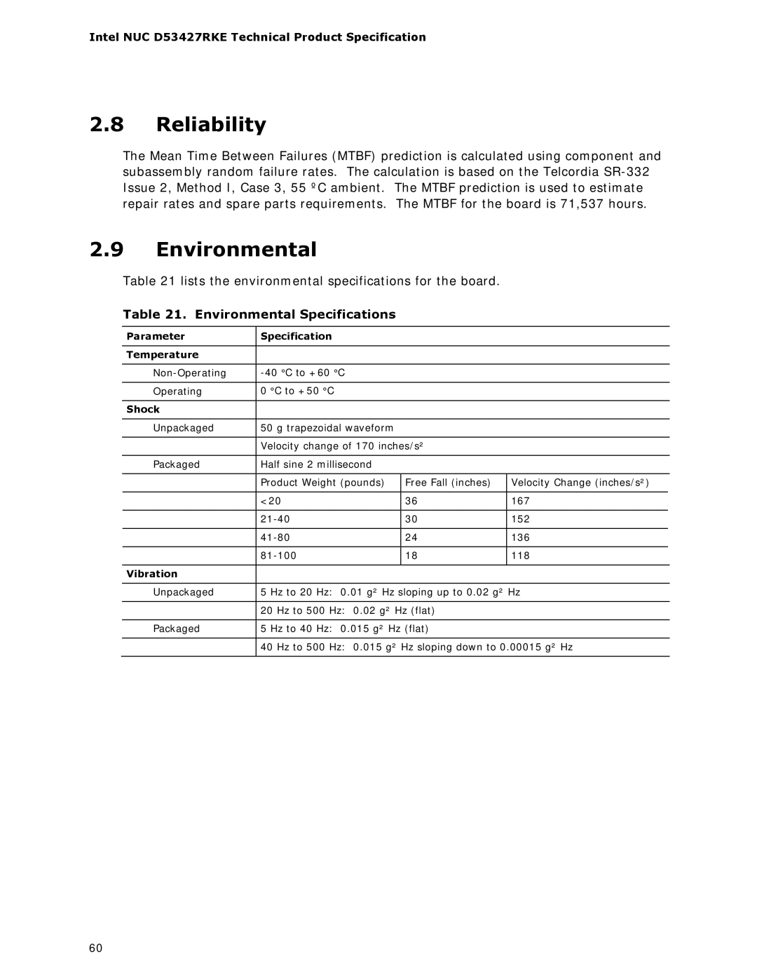 Intel BOXDC53427HYE specifications Reliability, Environmental Specifications 