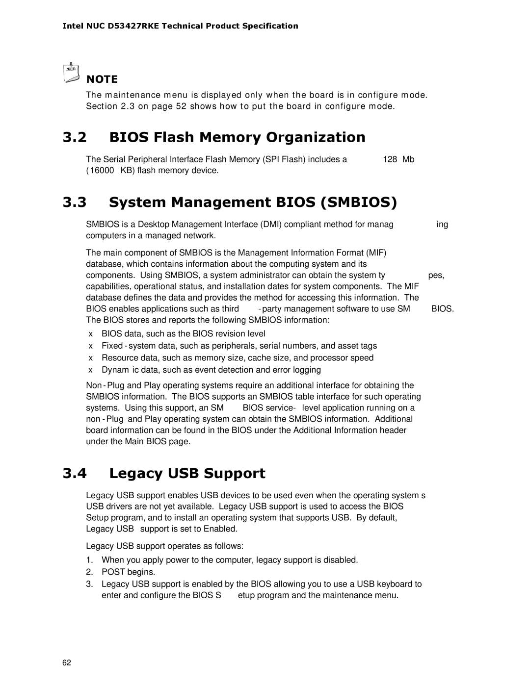 Intel BOXDC53427HYE specifications Bios Flash Memory Organization, System Management Bios Smbios, Legacy USB Support 