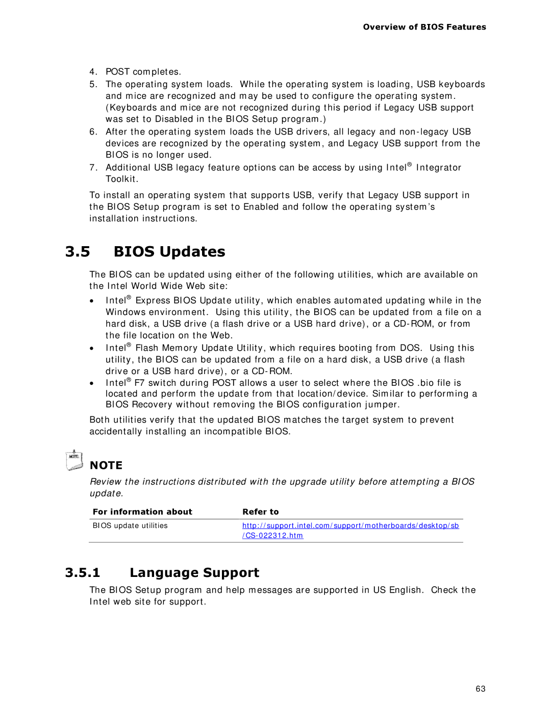 Intel BOXDC53427HYE specifications Bios Updates, Language Support, Overview of Bios Features 