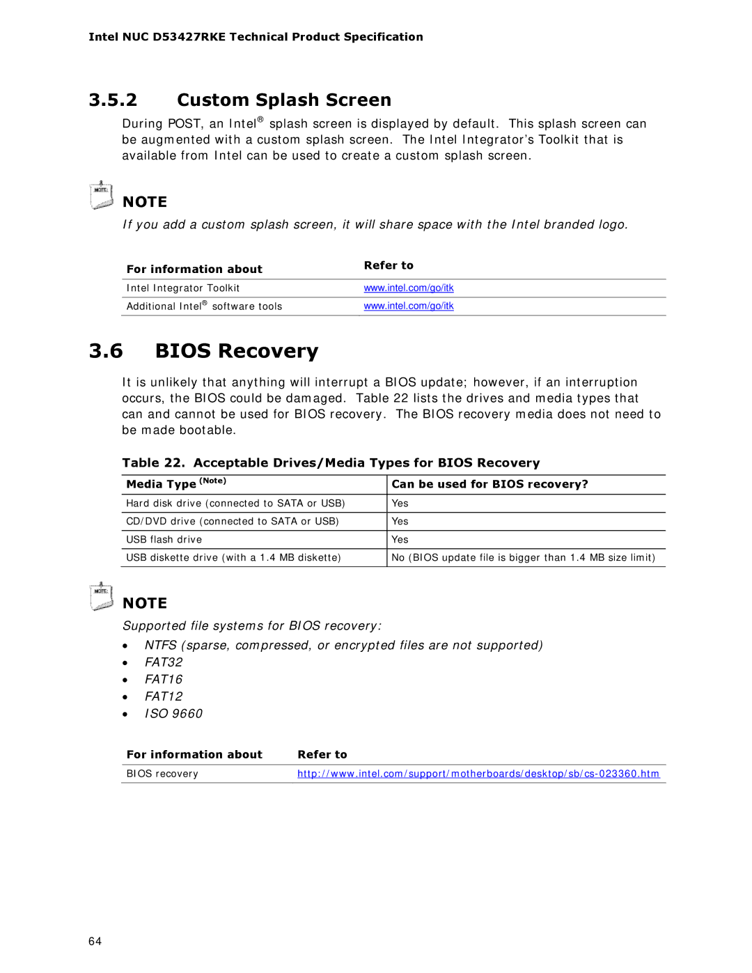 Intel BOXDC53427HYE specifications Custom Splash Screen, Acceptable Drives/Media Types for Bios Recovery 