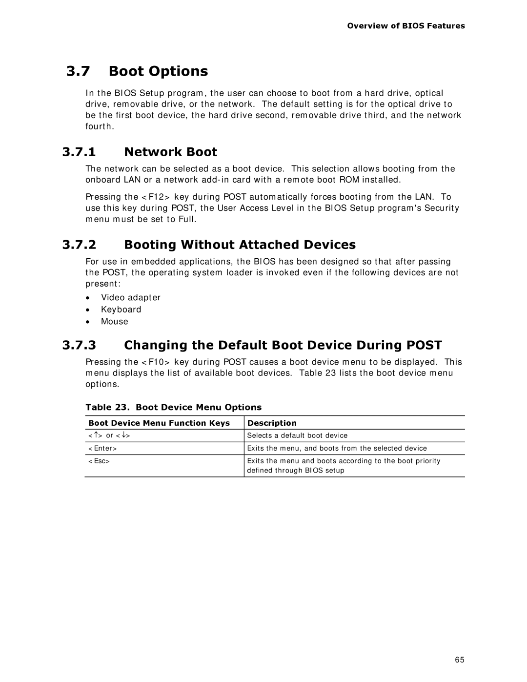 Intel BOXDC53427HYE specifications Boot Options, Network Boot, Booting Without Attached Devices, Boot Device Menu Options 