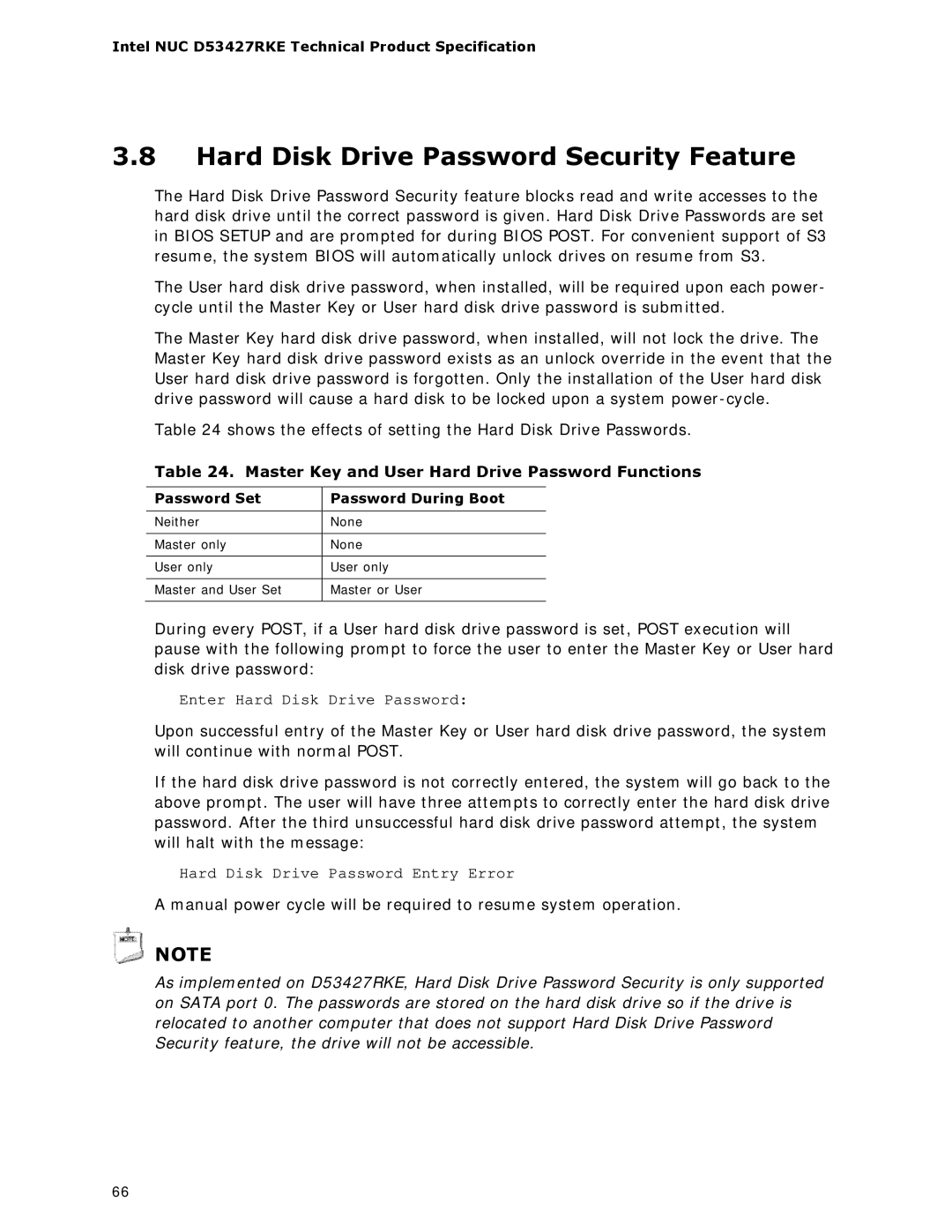 Intel BOXDC53427HYE Hard Disk Drive Password Security Feature, Master Key and User Hard Drive Password Functions 