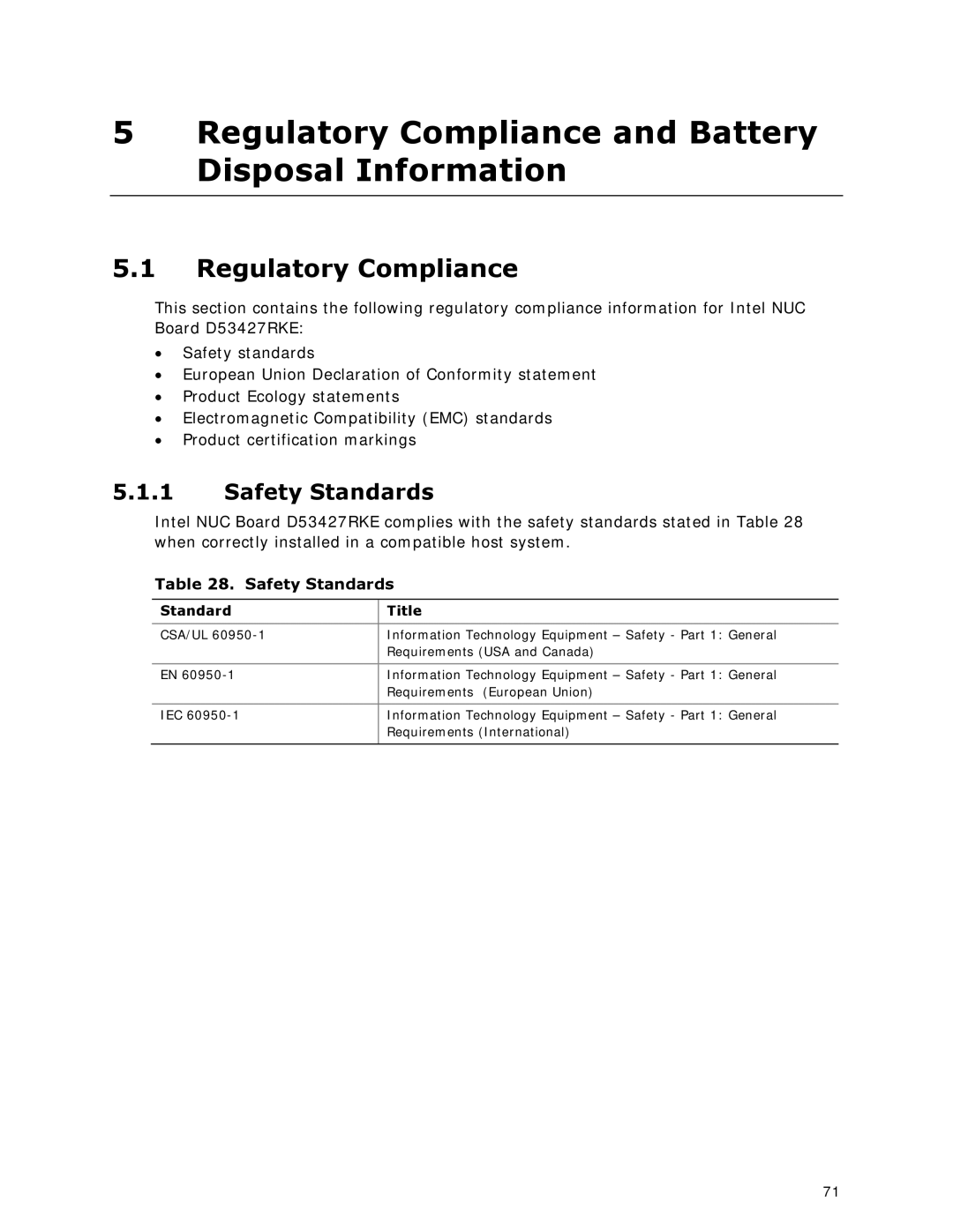 Intel BOXDC53427HYE specifications Regulatory Compliance, Safety Standards, Standard Title 