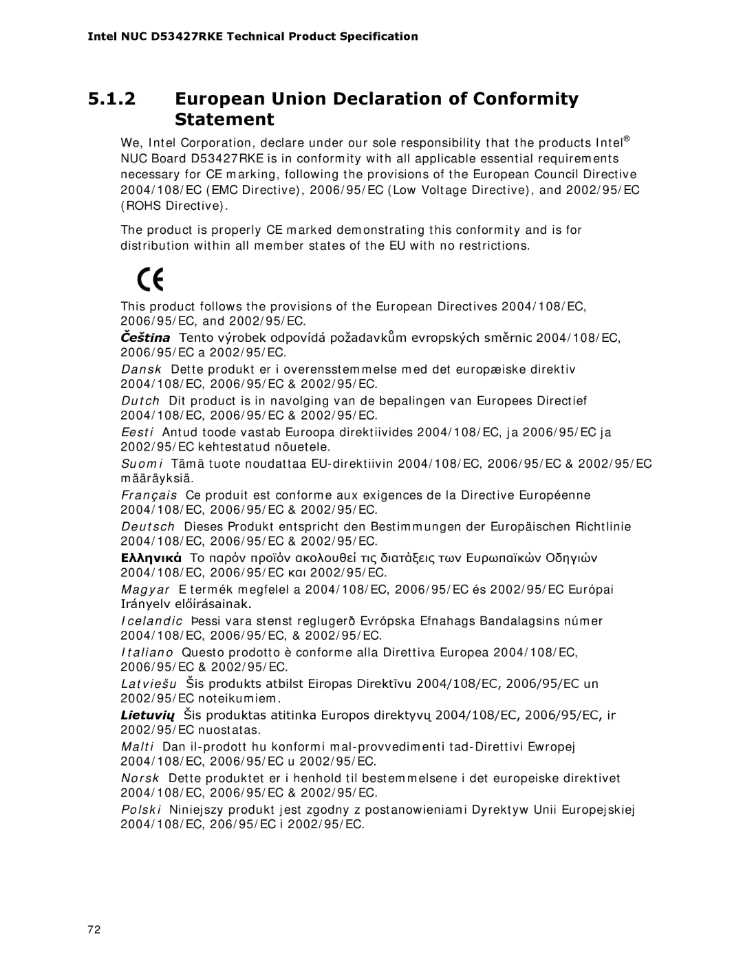 Intel BOXDC53427HYE specifications European Union Declaration of Conformity Statement 