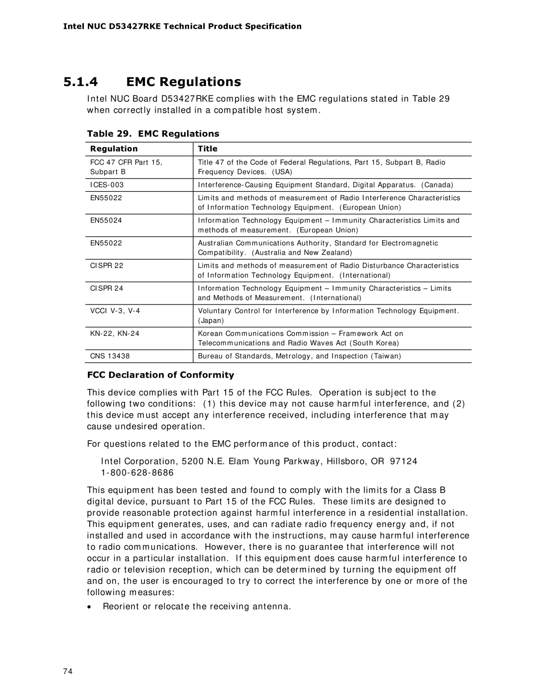 Intel BOXDC53427HYE specifications EMC Regulations, FCC Declaration of Conformity, Regulation Title 