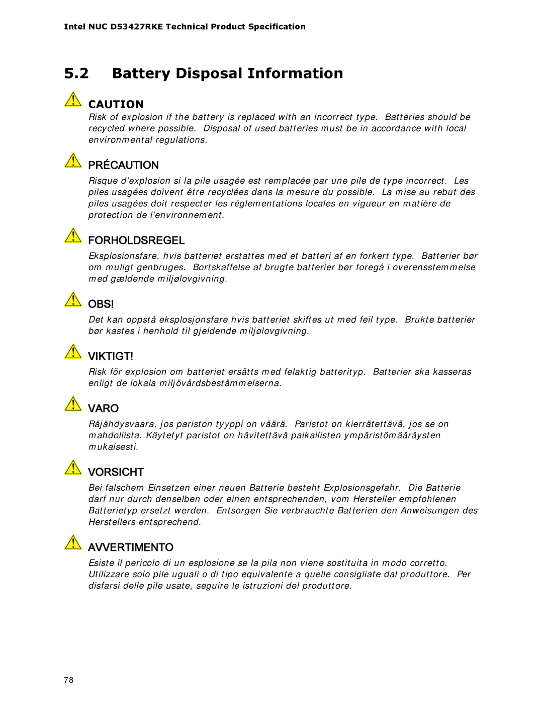 Intel BOXDC53427HYE specifications Battery Disposal Information, Précaution 