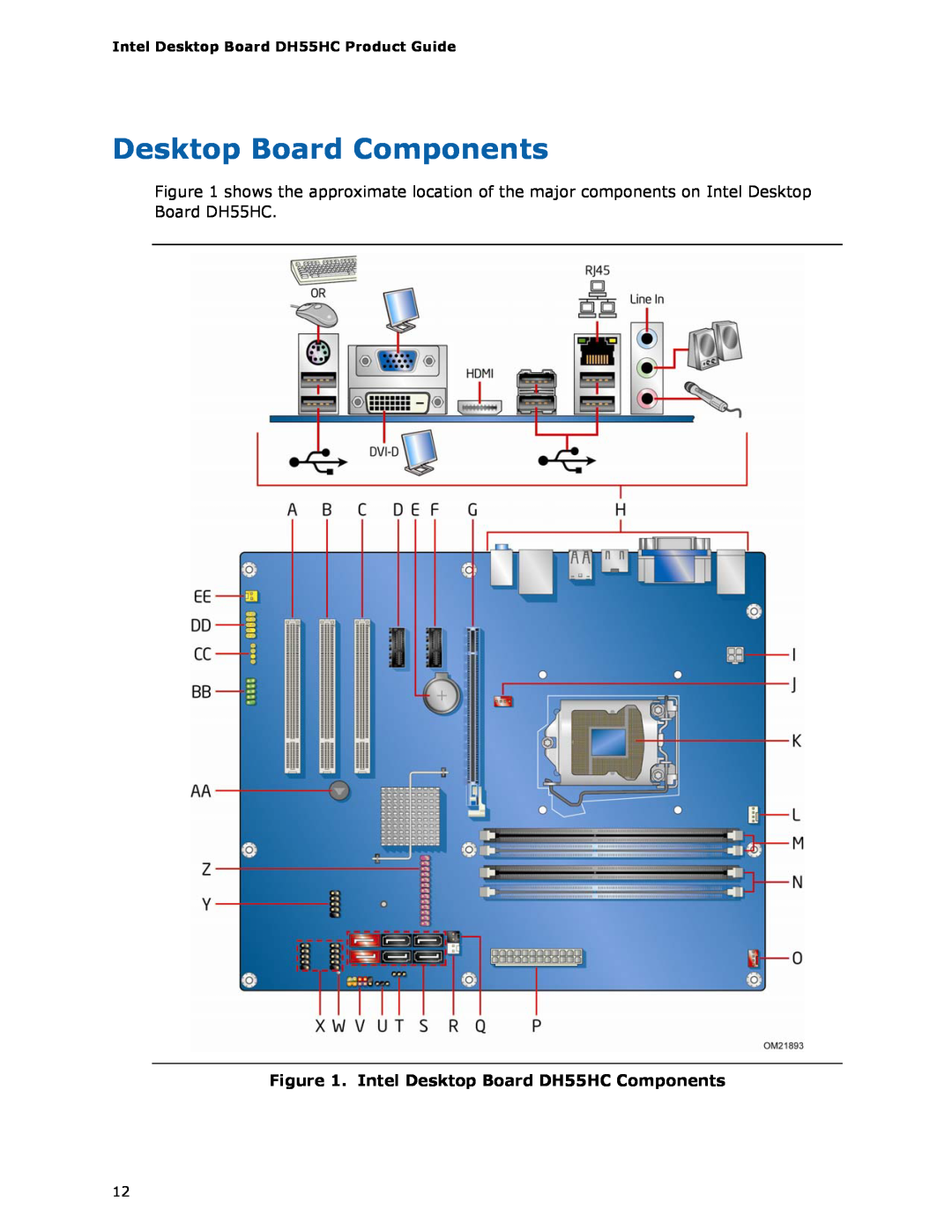 Intel BOXDH55HC manual Desktop Board Components, Intel Desktop Board DH55HC Components 
