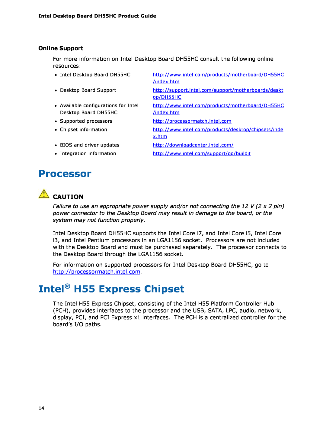 Intel BOXDH55HC manual Processor, Intel H55 Express Chipset, Online Support 