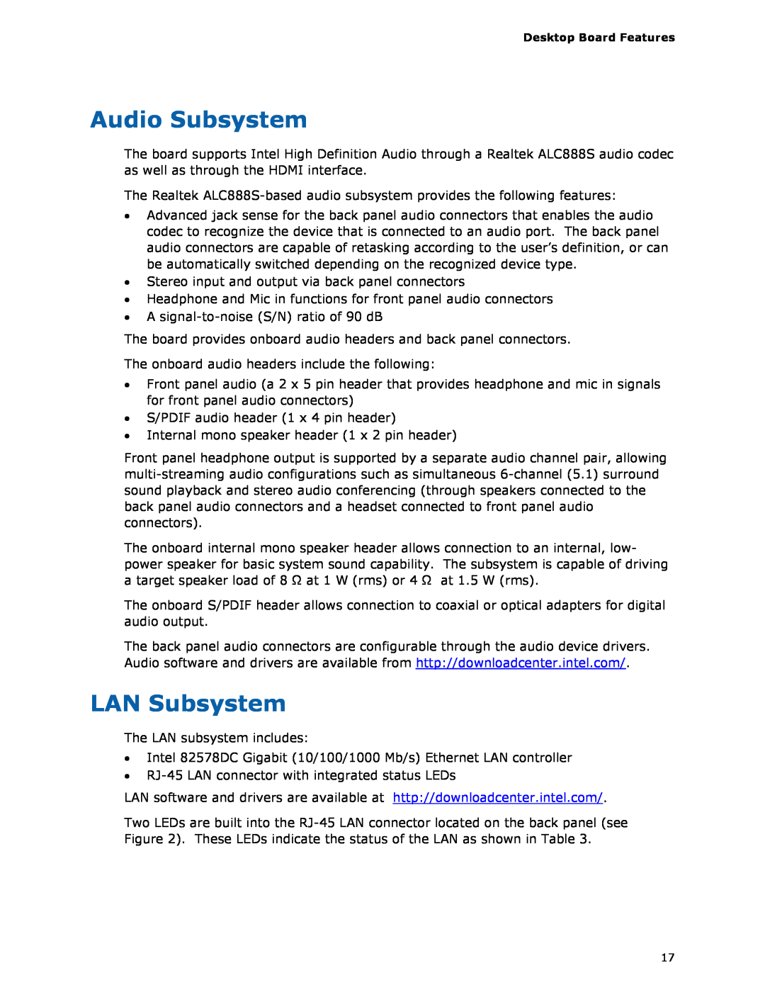 Intel BOXDH55HC manual Audio Subsystem, LAN Subsystem 