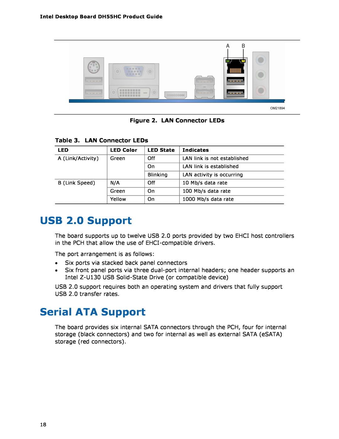 Intel BOXDH55HC manual USB 2.0 Support, Serial ATA Support, LAN Connector LEDs . LAN Connector LEDs 