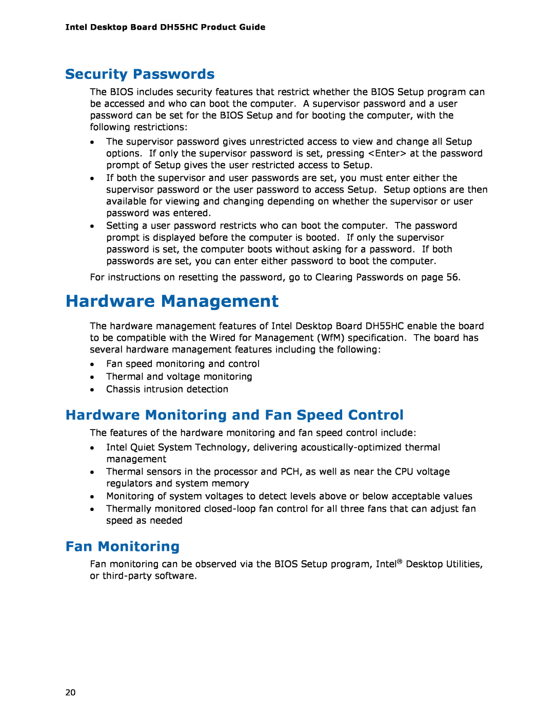 Intel BOXDH55HC manual Hardware Management, Security Passwords, Hardware Monitoring and Fan Speed Control, Fan Monitoring 