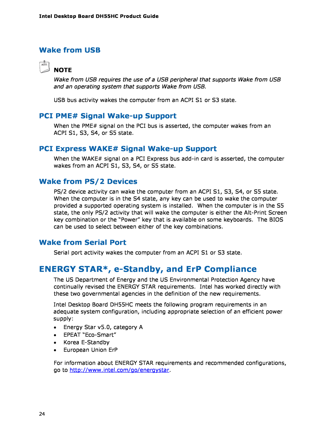 Intel BOXDH55HC manual ENERGY STAR*, e-Standby, and ErP Compliance, Wake from USB, PCI PME# Signal Wake-up Support 