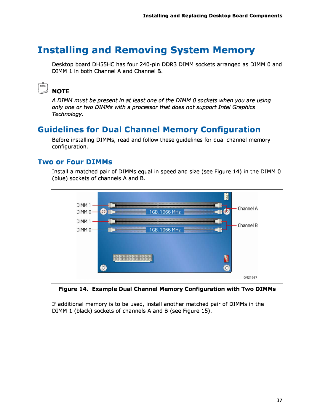 Intel BOXDH55HC Installing and Removing System Memory, Guidelines for Dual Channel Memory Configuration, Two or Four DIMMs 