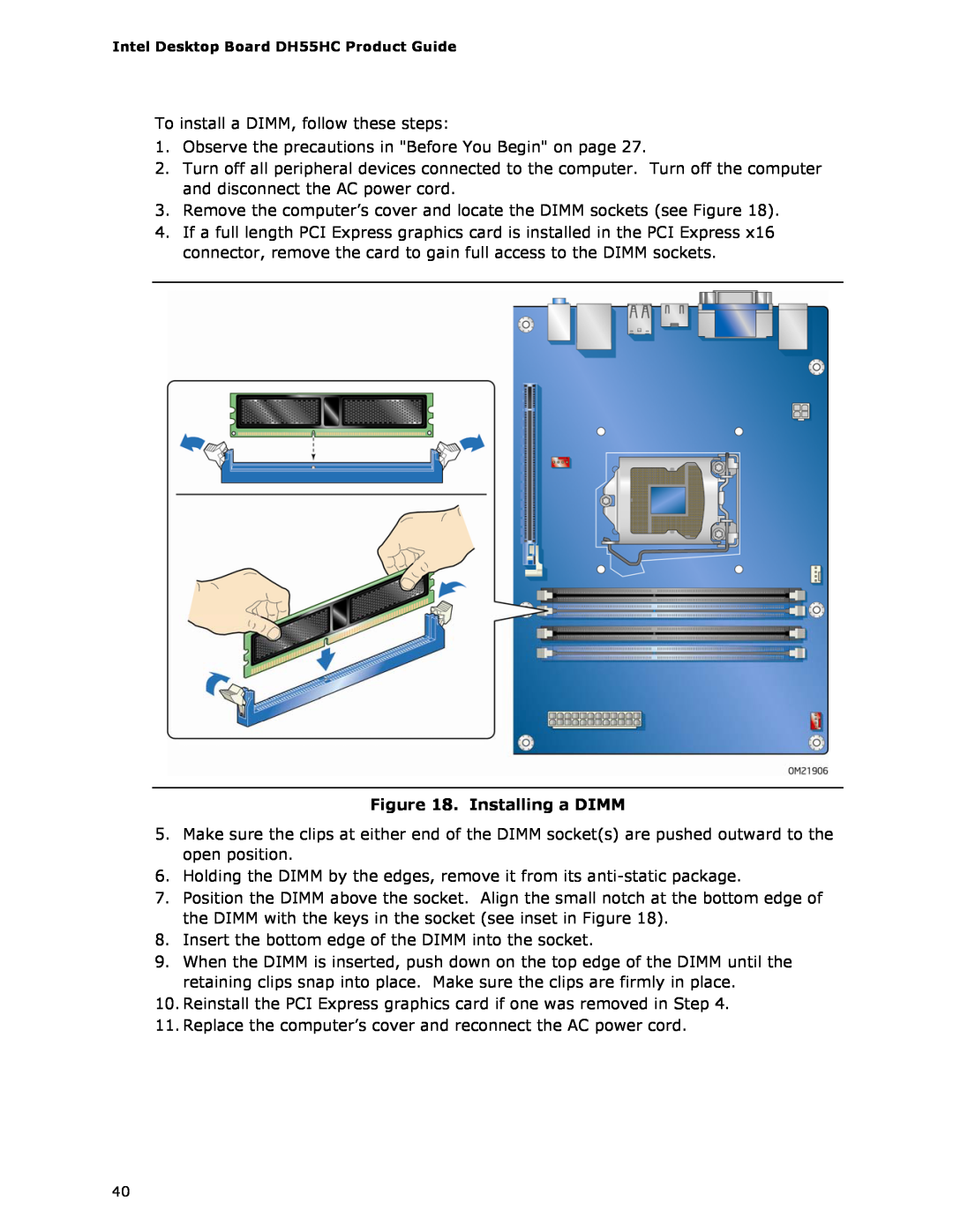 Intel BOXDH55HC manual Installing a DIMM 