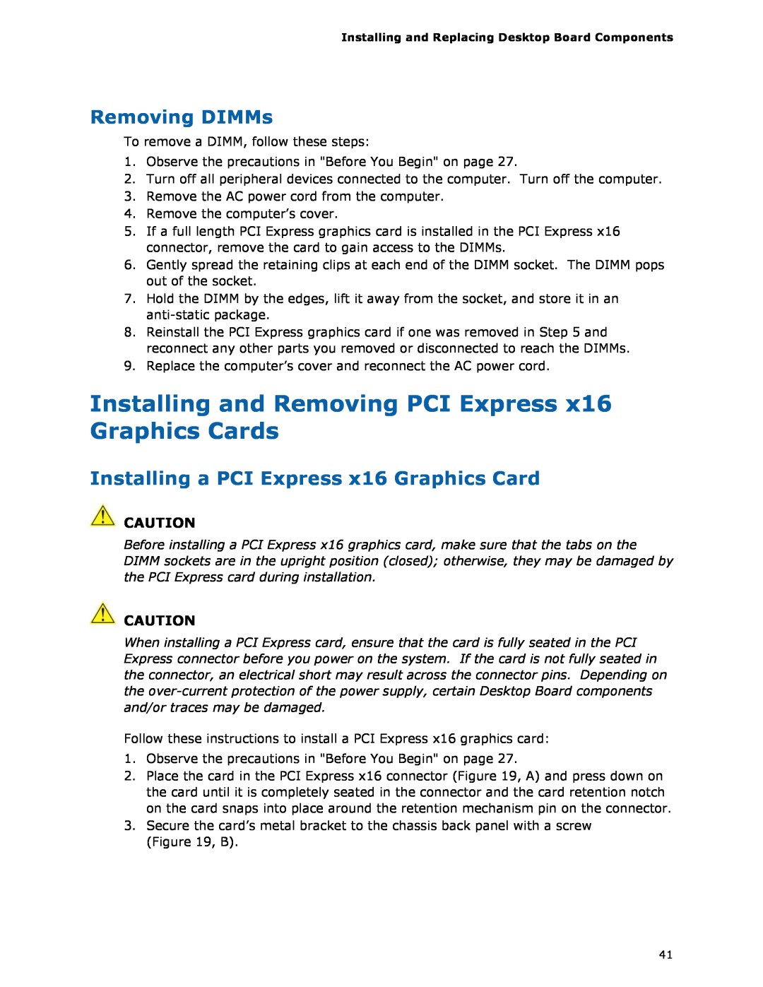 Intel BOXDH55HC manual Installing and Removing PCI Express x16 Graphics Cards, Removing DIMMs 