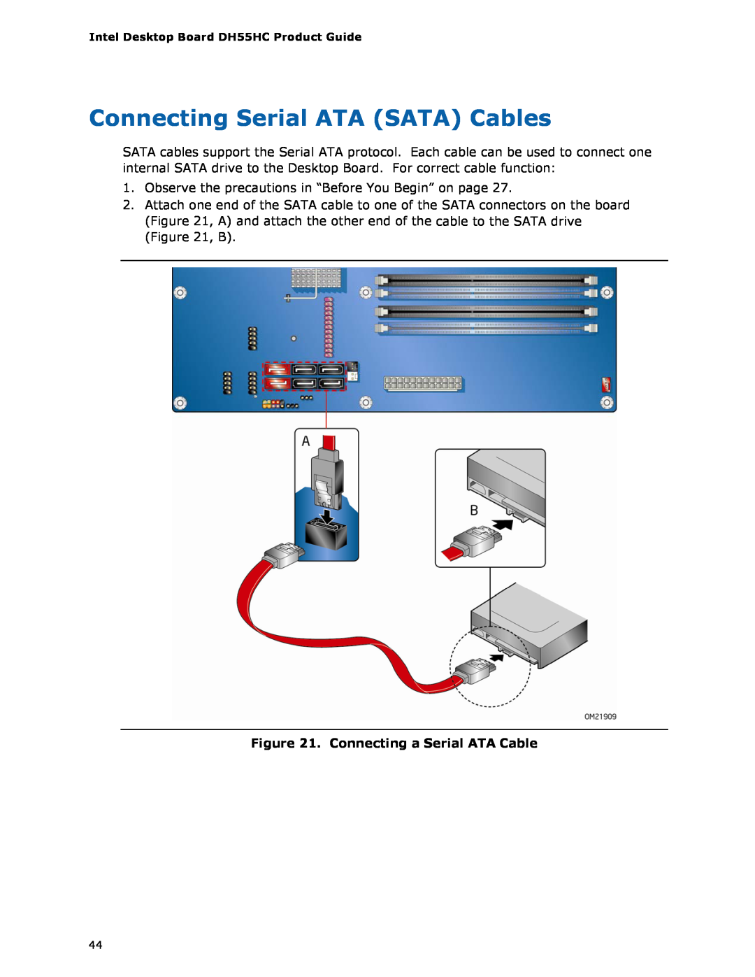 Intel BOXDH55HC manual Connecting Serial ATA SATA Cables, Connecting a Serial ATA Cable 